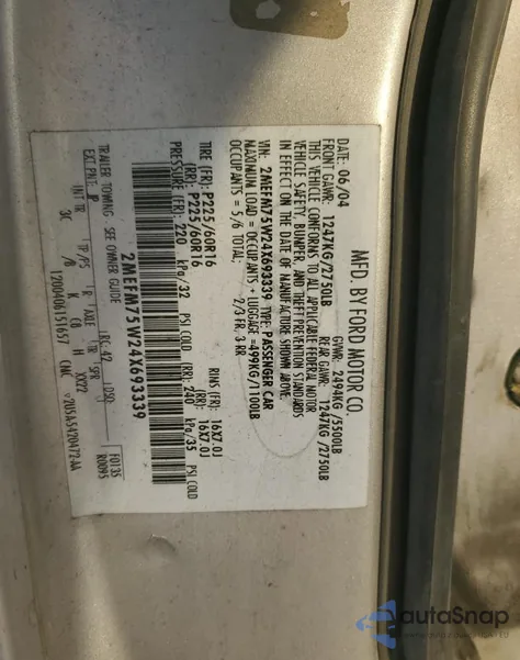 2004 Mercury Grand Marquis Ls из США, поврежденный, VIN 2MEFM75W24X693339